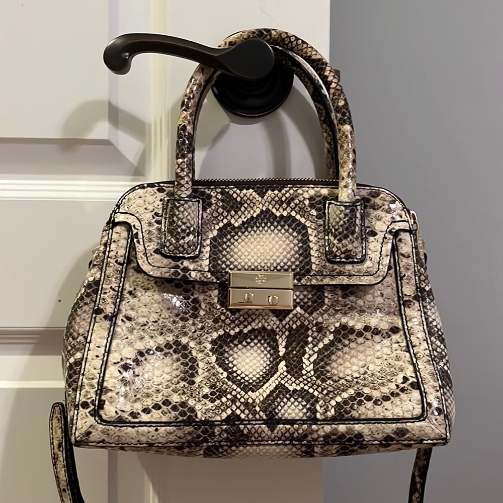 Tory Burch Elise Dome Satchel Natural Snake Embossed Leather Cross Body Bag
